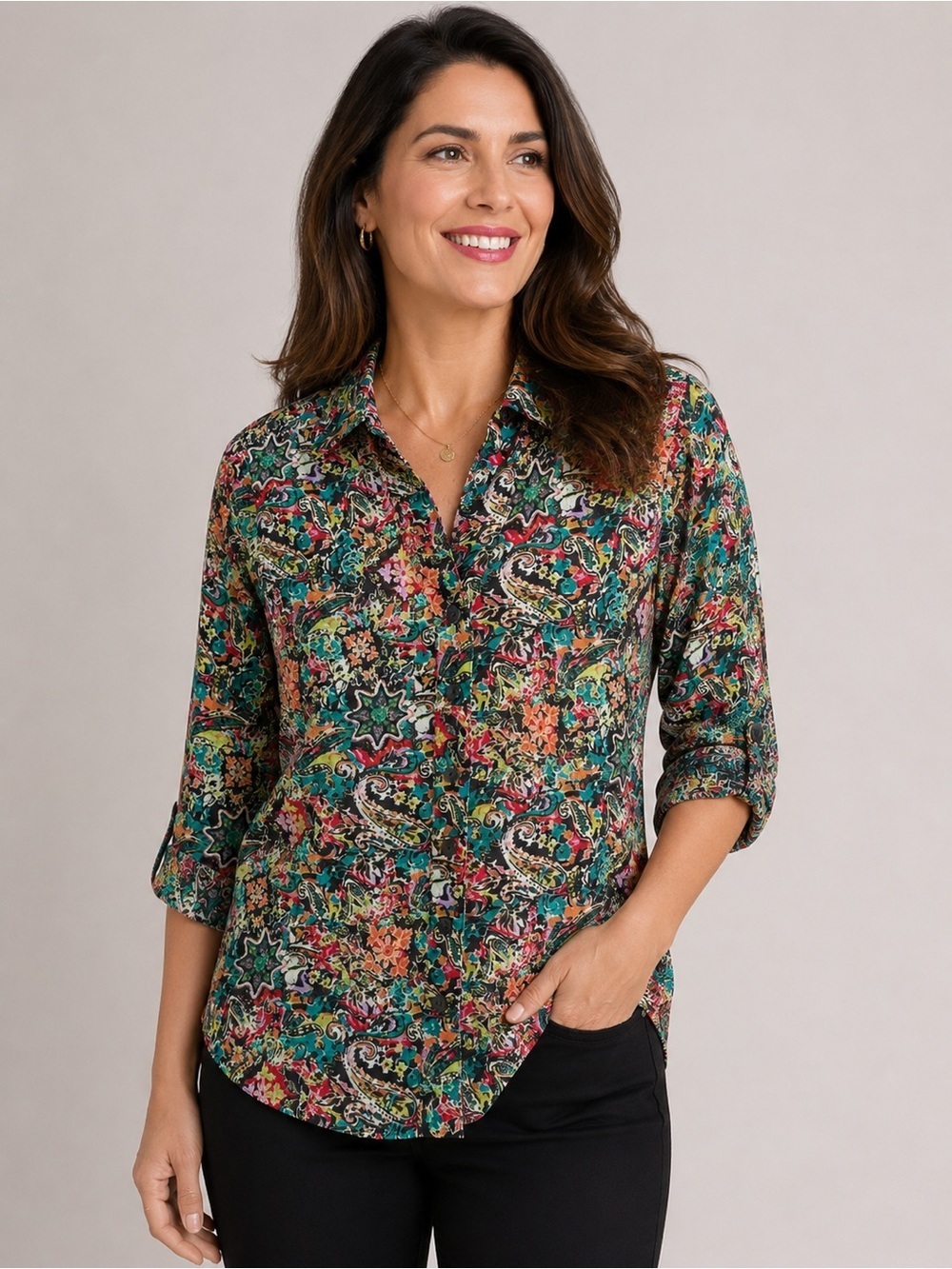 Christopher & Banks Small Paisley Floral Print Button Front Boho Blouse
